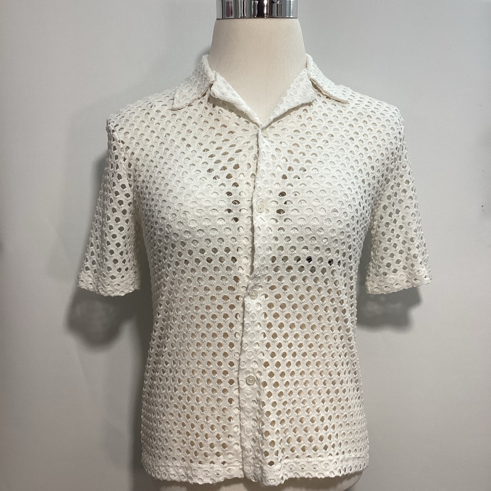 Zara White Eyelet Button Down Shirt Women Top Short Sleeve Size S